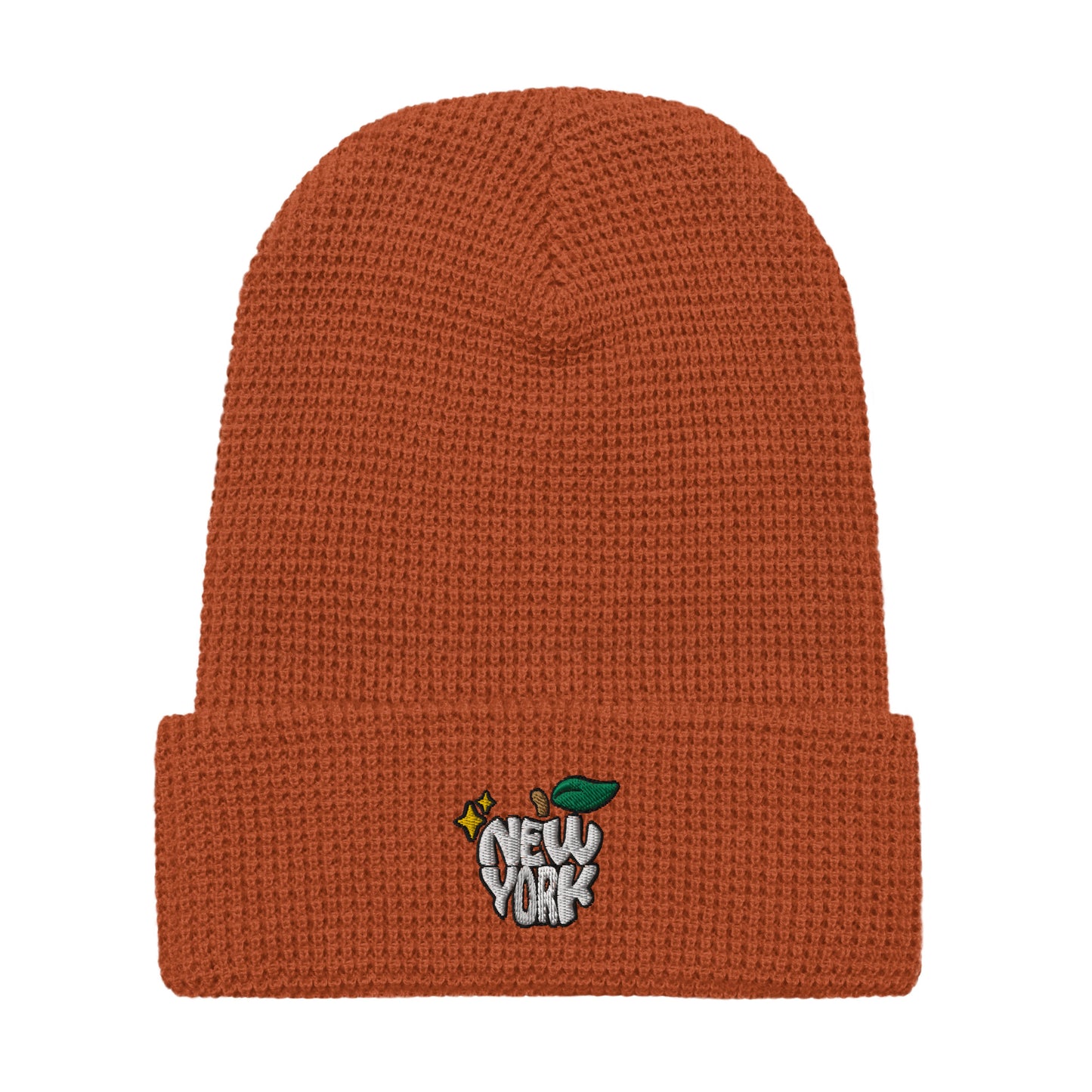 New York Apple Logo Embroidered Rust Orange Waffle Beanie Hat Scattered Streetwear