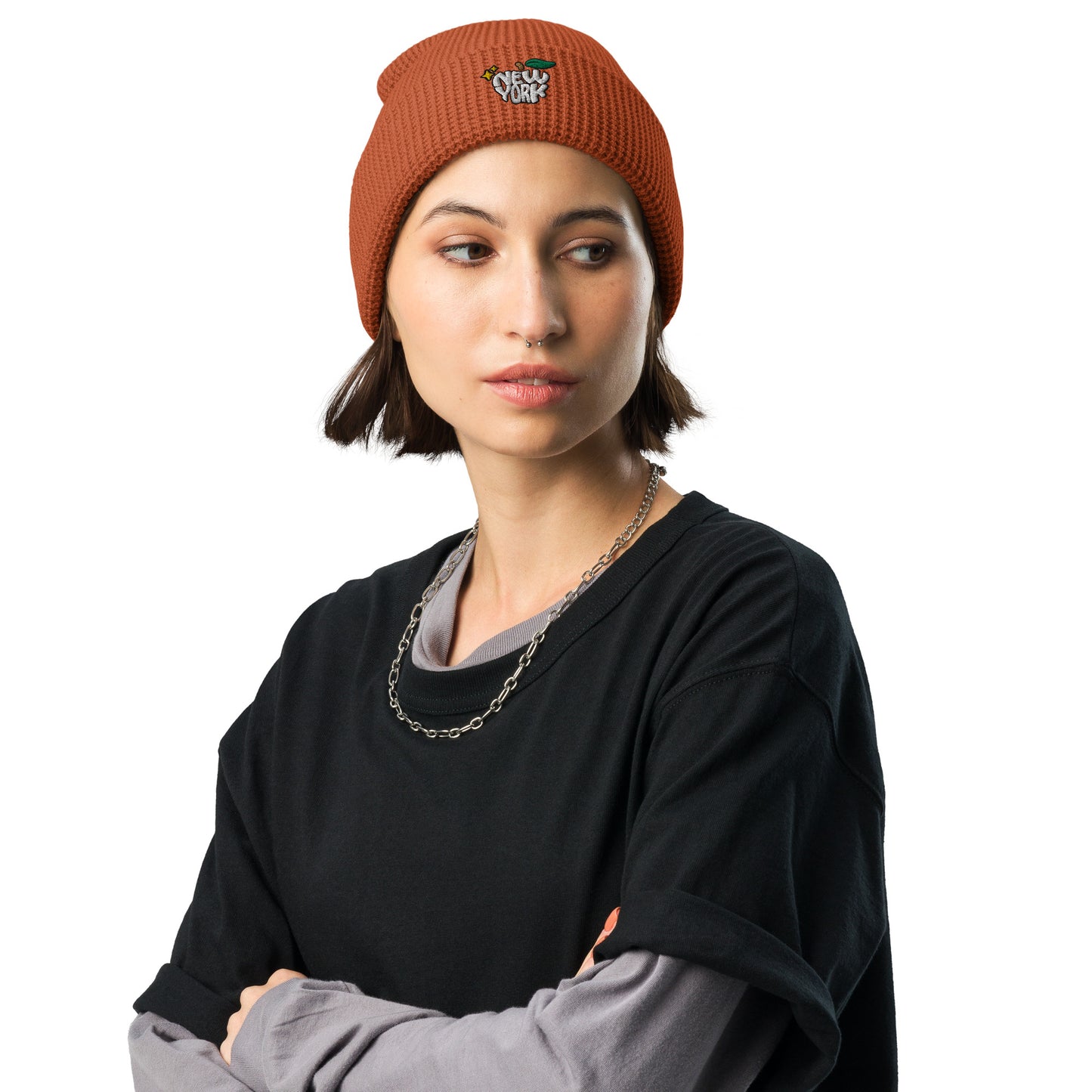 New York Apple Logo Embroidered Rust Orange Waffle Beanie Hat Scattered Streetwear