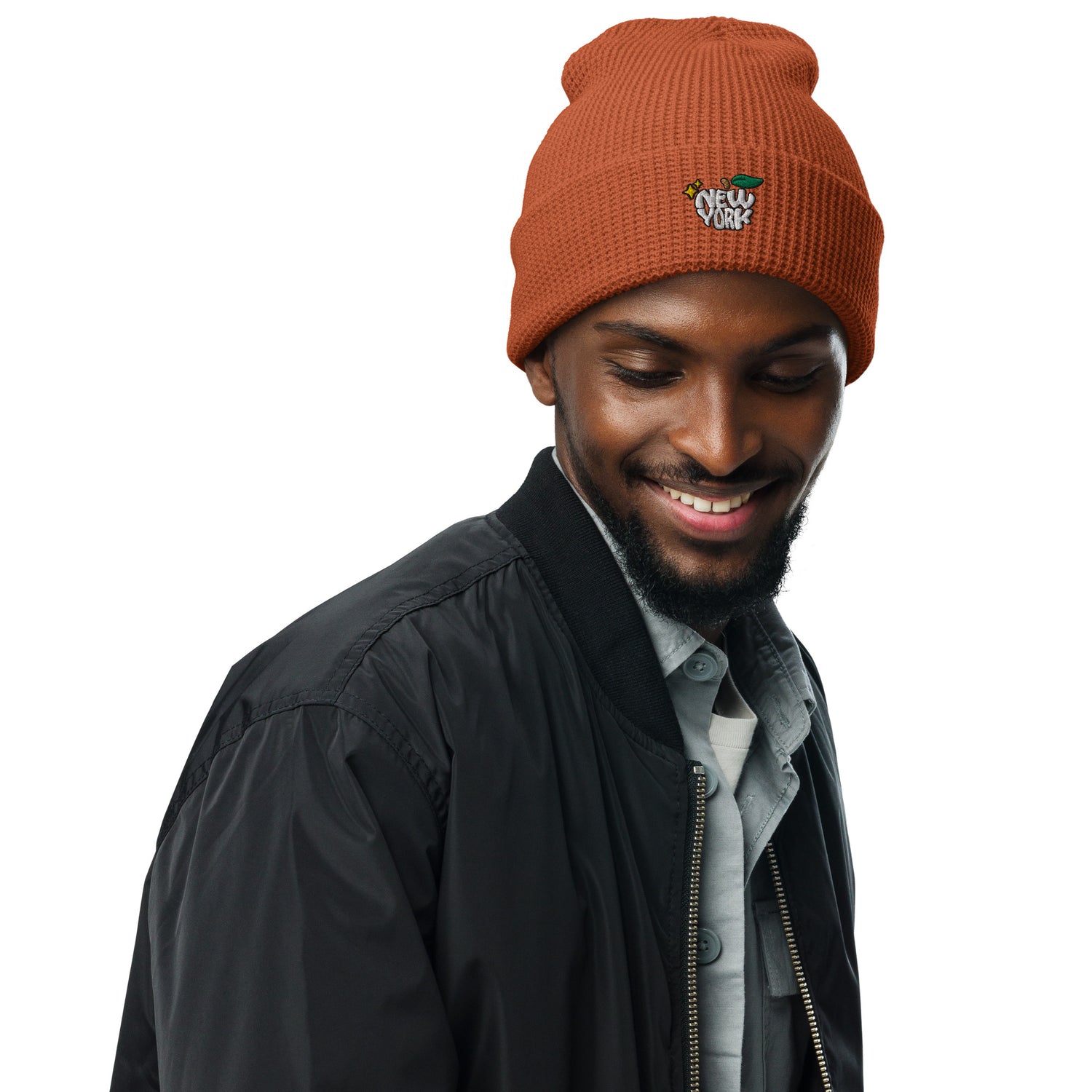 New York Apple Logo Embroidered Rust Orange Waffle Beanie Hat Scattered Streetwear