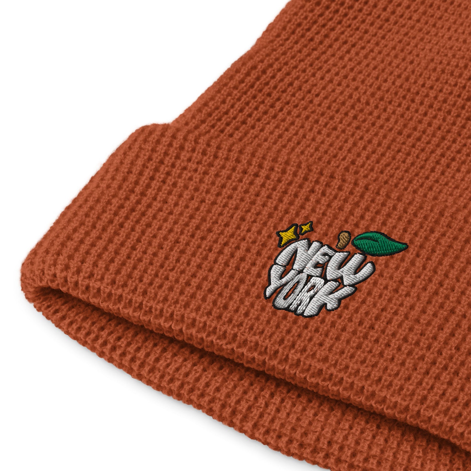 New York Apple Logo Embroidered Rust Orange Waffle Beanie Hat Scattered Streetwear